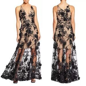Dress The Population Sidney Maxi Dress Size L Black Nude Floral Lace Appliqué